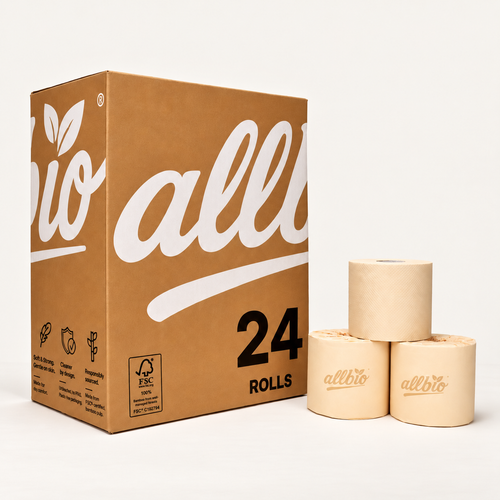 allBIO bamboo toilet paper, 24 rolls, 3-ply, shown with the cardboard box and natural unbleached rolls.